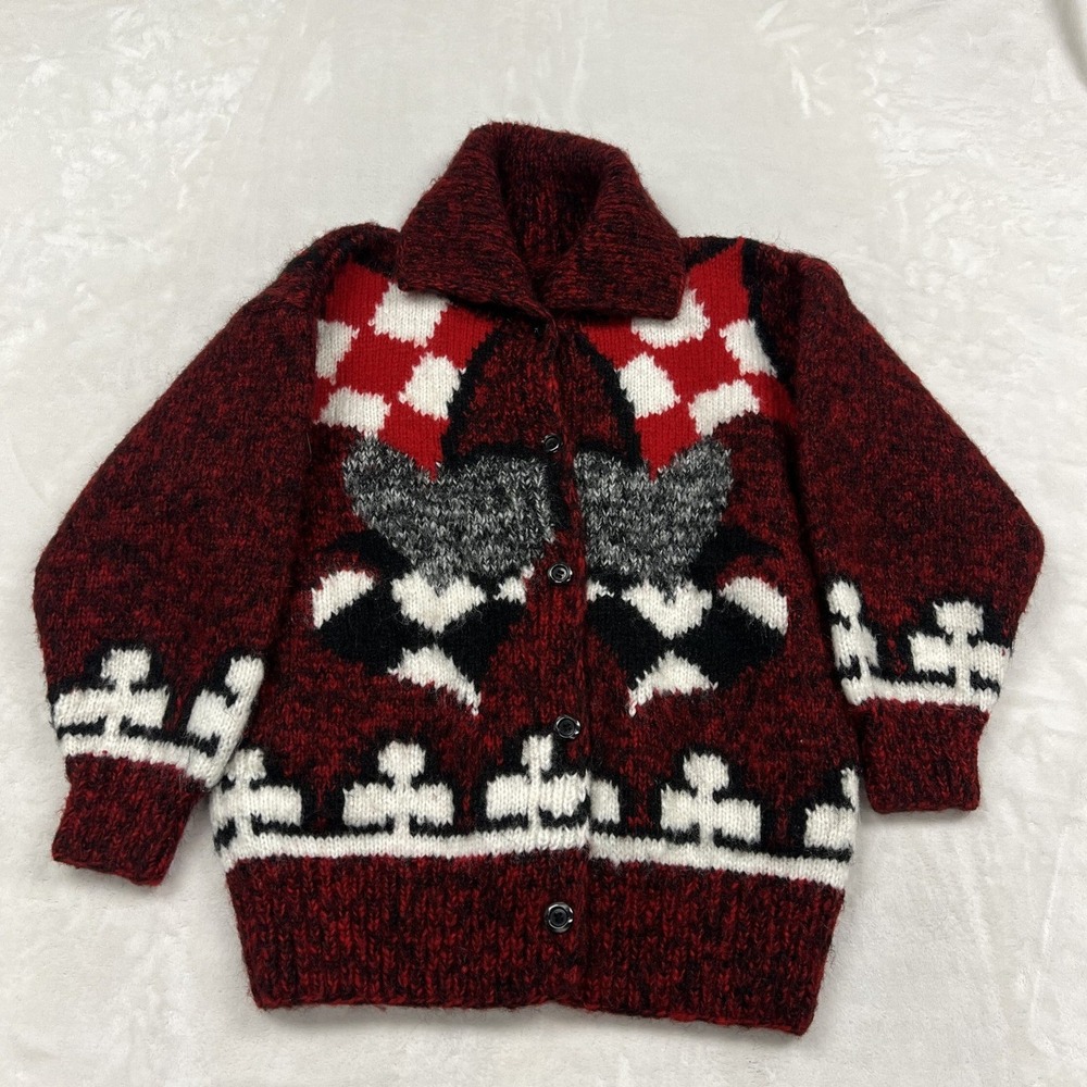 Unbranded Cardigan Sweater Unisex Small Burgundy Checkered Flag Club Hand Knit
